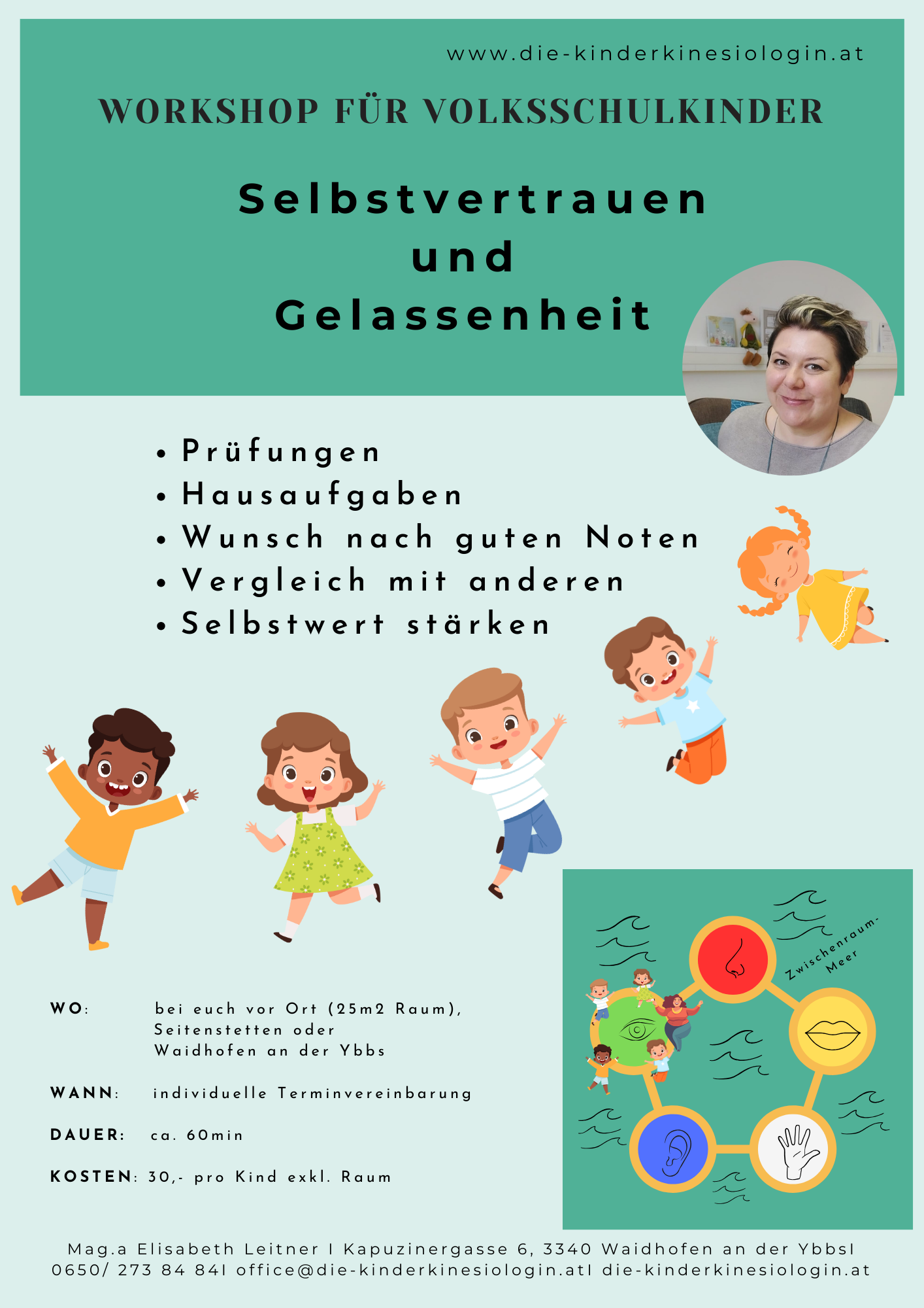 Flyer: Workshop für Volksschulkinder "Selbstvertrauen und Gelassenheit"